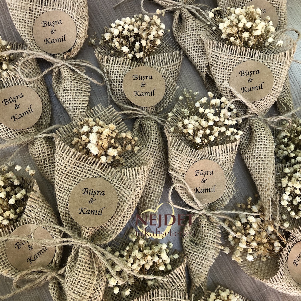 Çuval çiçek naturel doğal el buketi nikah şekeri